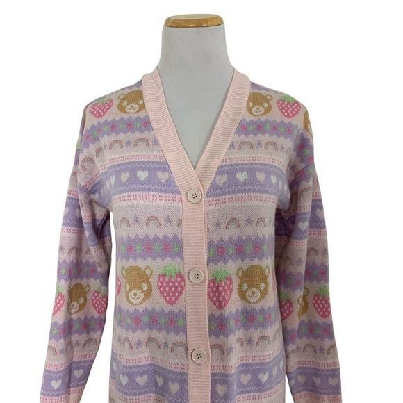 Hot Topic Pastel Teddy Bear & Strawberries Cardigan Longline Sweater Kawaii - Picture 1 of 17